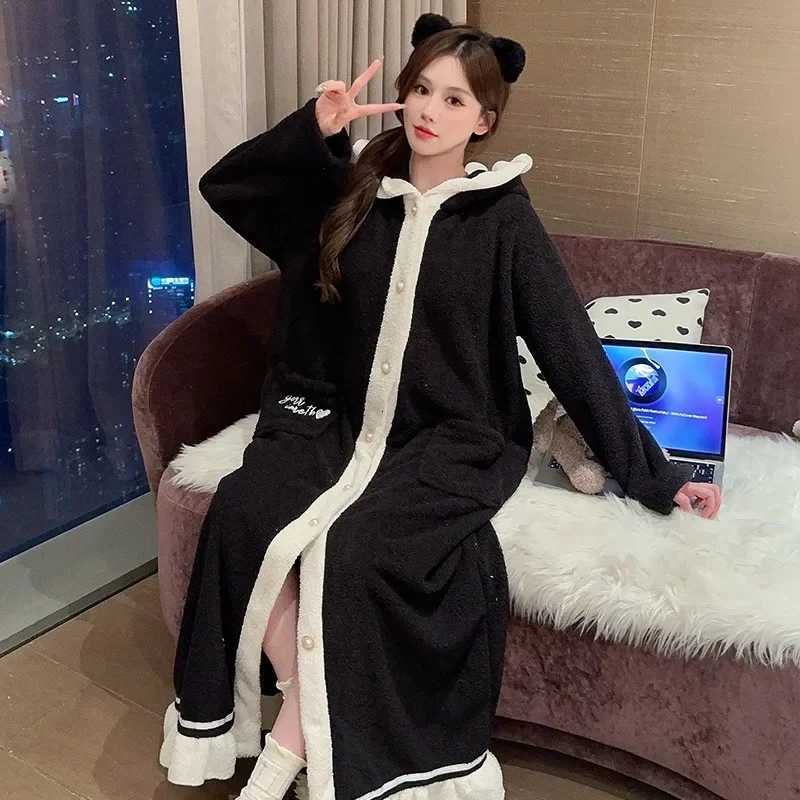 Hooded Nightgowns Women Coral Fleece Nightwear Chic Homewear Panelled Korean Fashion Single Breasted Daily Winter Cozy Sleepwear Z250925
