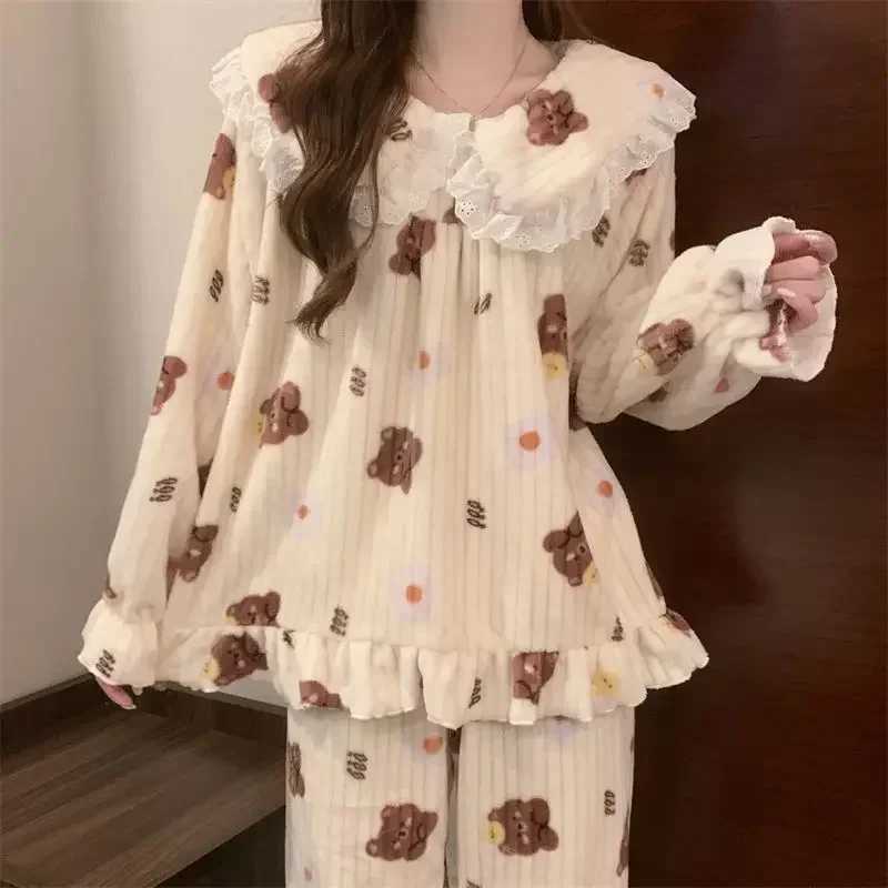 Ruffles Pajamas for Women Autumn Winter Peter Pan Collar Ruffle Sleeve Pajama Top and Elastice Waist Pants 2 Pcs Pajama Sets Z250925