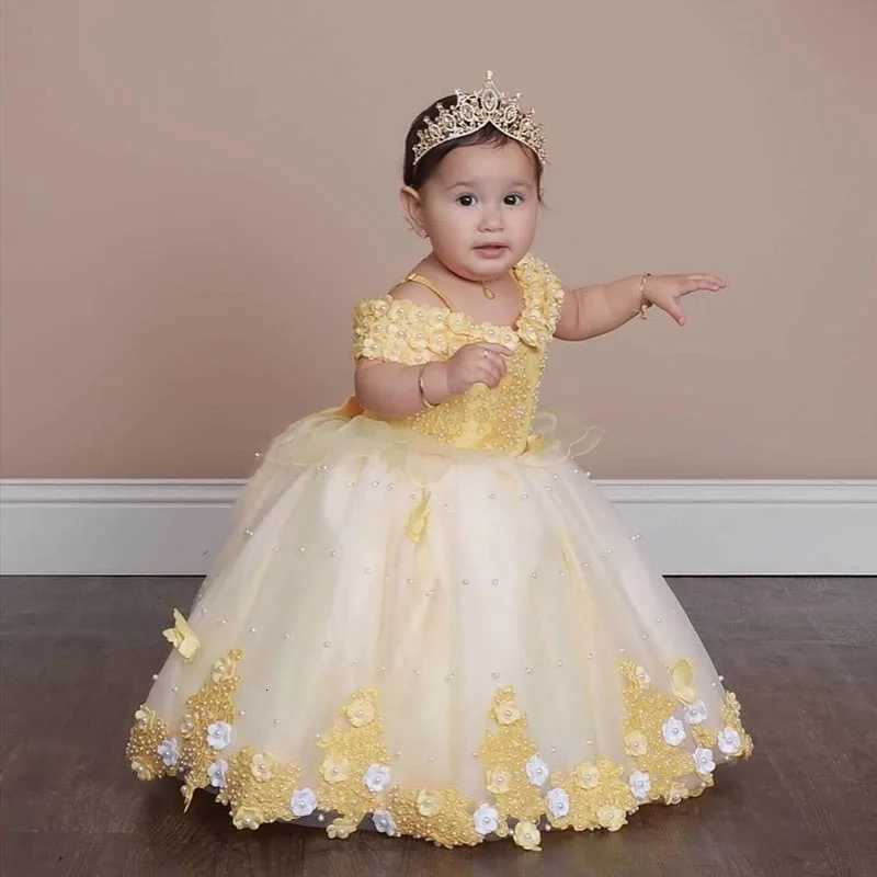 White Green Flower Girl Dress For Wedding Applique Tulle Short Sleeve Pearl Princess Kids Birthday First Communion Ball Gown Z250926