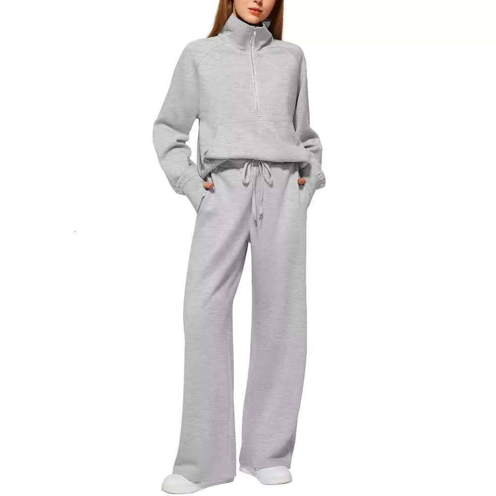 2025 European and American Style Women's Two-Piece Oversized Half-Zip Sweatshirt Wide-Leg Sweatpants Casual Set