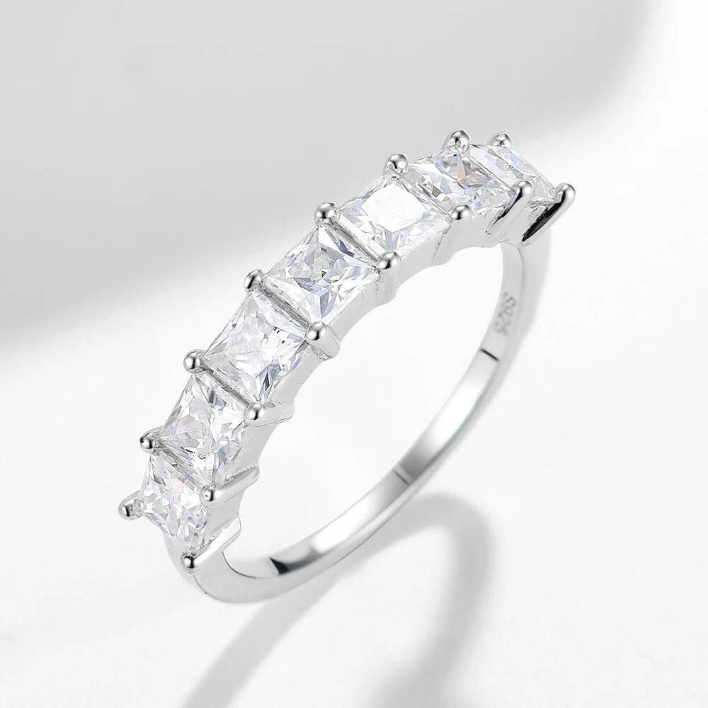 35mm Princess Cut Moissanite Diamond Ring for Women Square Shape Half Eternity Band 925 Sterling Silver Bridal Wedding Ring