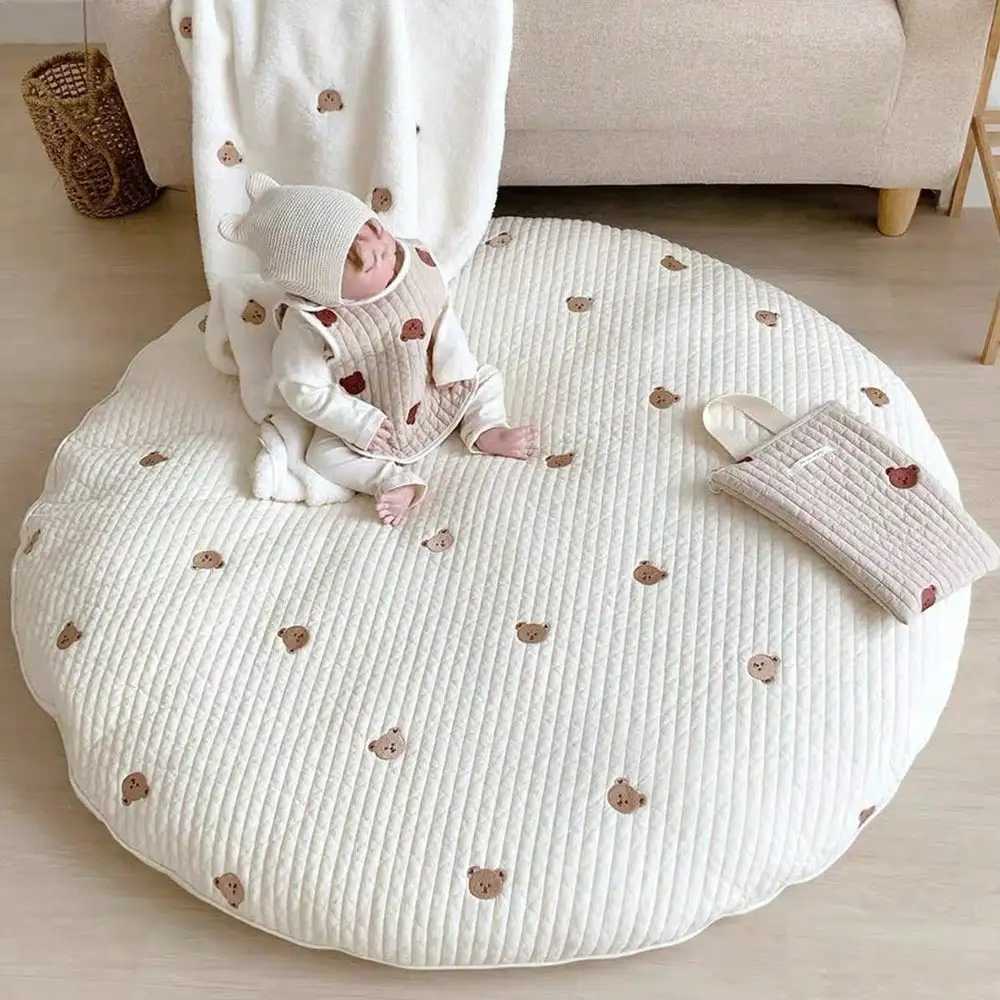 1PCS Cute Round Crawling Mat Bear Embroidered Baby Play Mat Cotton Baby Sleeping Mat Mattress Carpet C250926