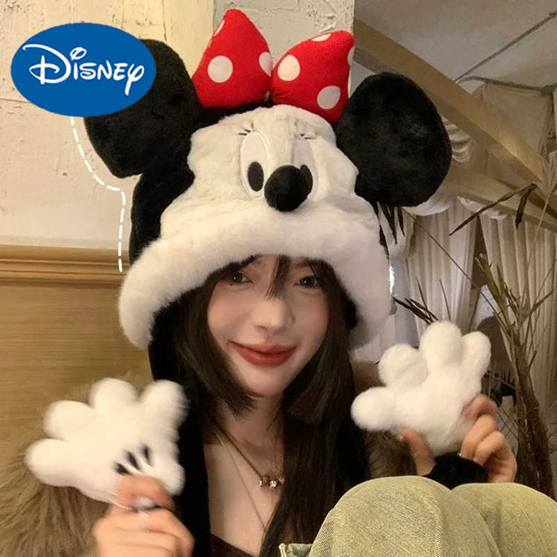 Disney Authentic Autumn Winter Mickey Minnie Plush Hat Cartoon Cute Pullover Cold Resistant Warm OnePiece Hat Sweet Home Gift Girls H250926