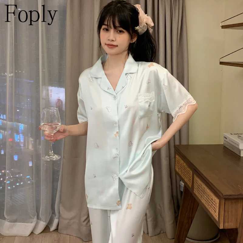 Cartoon Print Women Pajamas Set Spring Summer 2 Piece Pyjama Satin Silk Sleepwear Shortsleeve Top Pants Pijama Pjs Loungewear Z250925