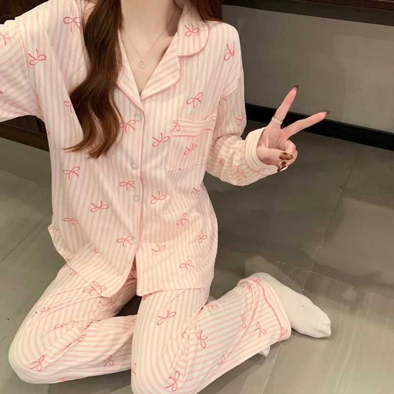 Striped Nightwear Women High Quality Spring and Summer Cardigan Pajamas Casual Set Student Loungewear Two Piece Set Sleepwear Z250925