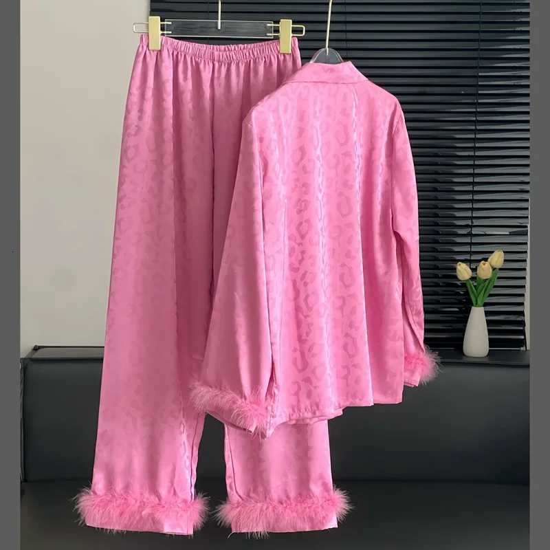 Female 2PCS Pajamas Set Sleepwear Long Sleeve Trouser Pijamas Suit with Feather Sexy Leopard Pyjama Loungewear Ice Silk Homewear Z250925