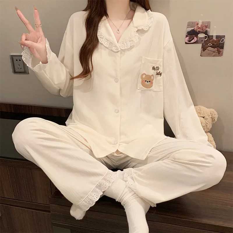 Women Spring Pajamas Set Korean Loose Sleepwear Long Sleeve Lace Lapel Sweet Cartoon Bear Homewear Female Casual Loungewear Z250925