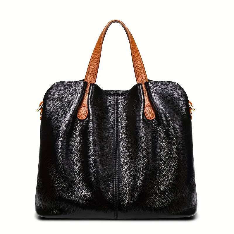 Women's deluxe handbag large capacity, dual-color gray with genuine leather accents in brown