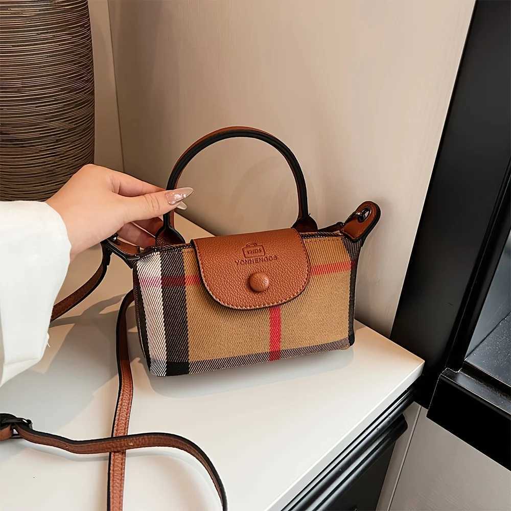 Retro Fashion Leather Small Bag Work Commute Casual Mini Tote Dumpling Bag Plaid CrossBody BagW250926