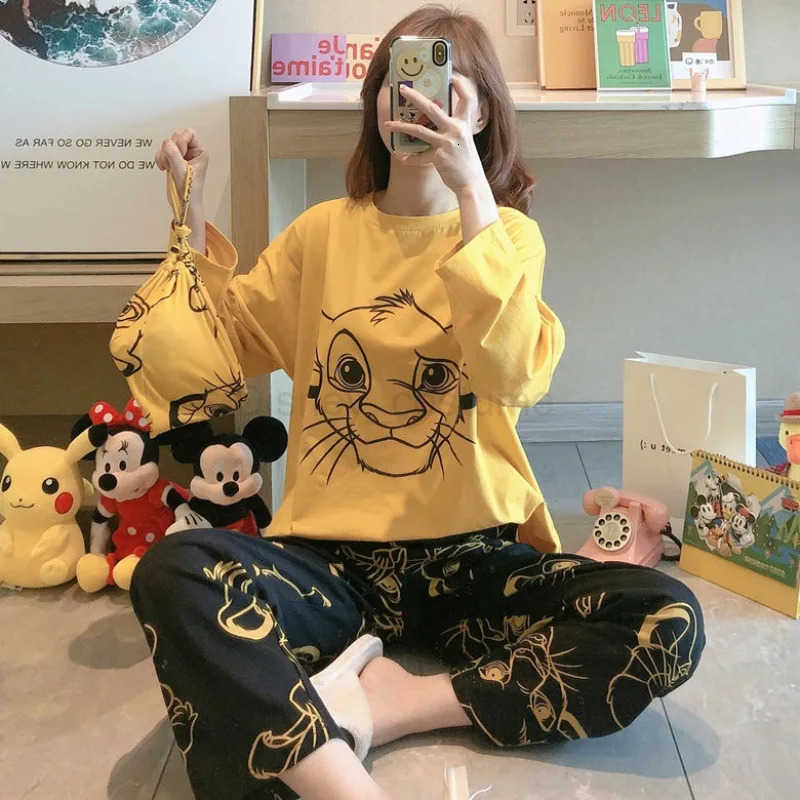 Disney Womens Pajamas Sets Spring Autumn TwoPiece Cute Print Pyjama Long Sleeve Pijama Home Clothes Twopiece H250926