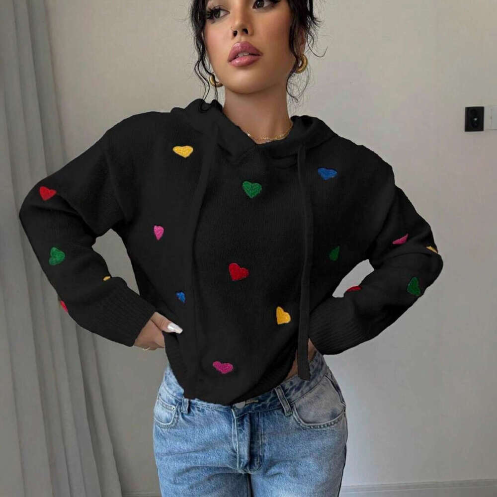 Autumn and Winter Women's Sweater Fashion Colorful Heart Jacquard Hooded Long Sleeve Knitwear