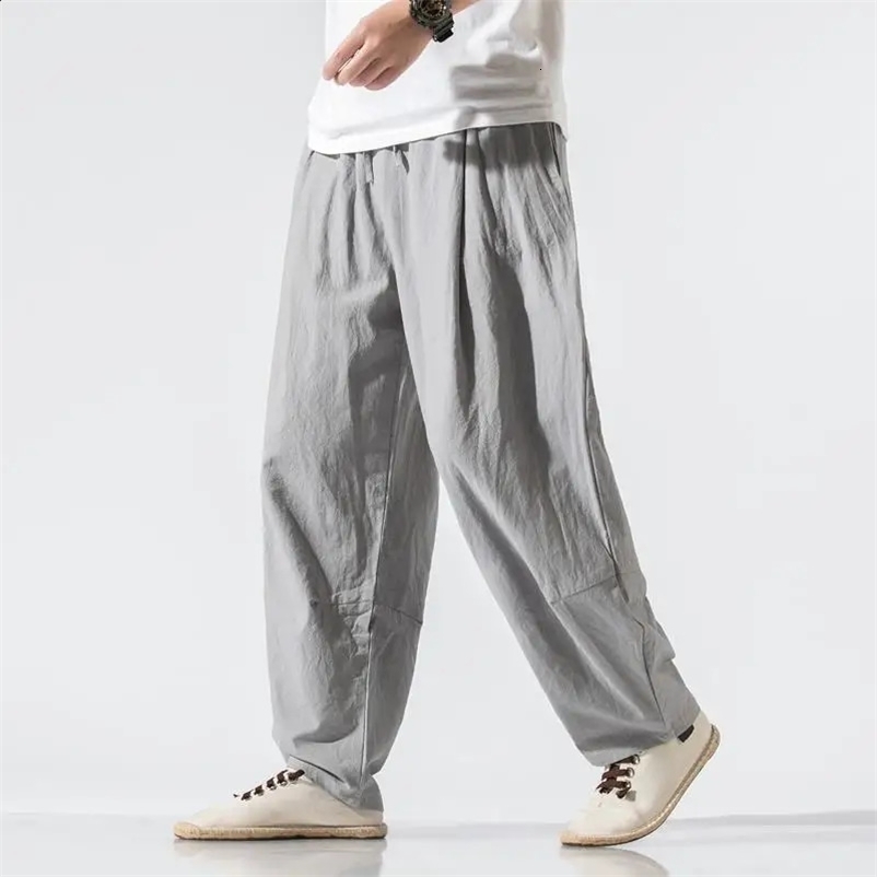 Men Clothes Summer Japanese Casual Streetwear Harajuku Cotton Linen Baggy Pants Male Solid Oversized Bloomers Trousers M-5XL 240813