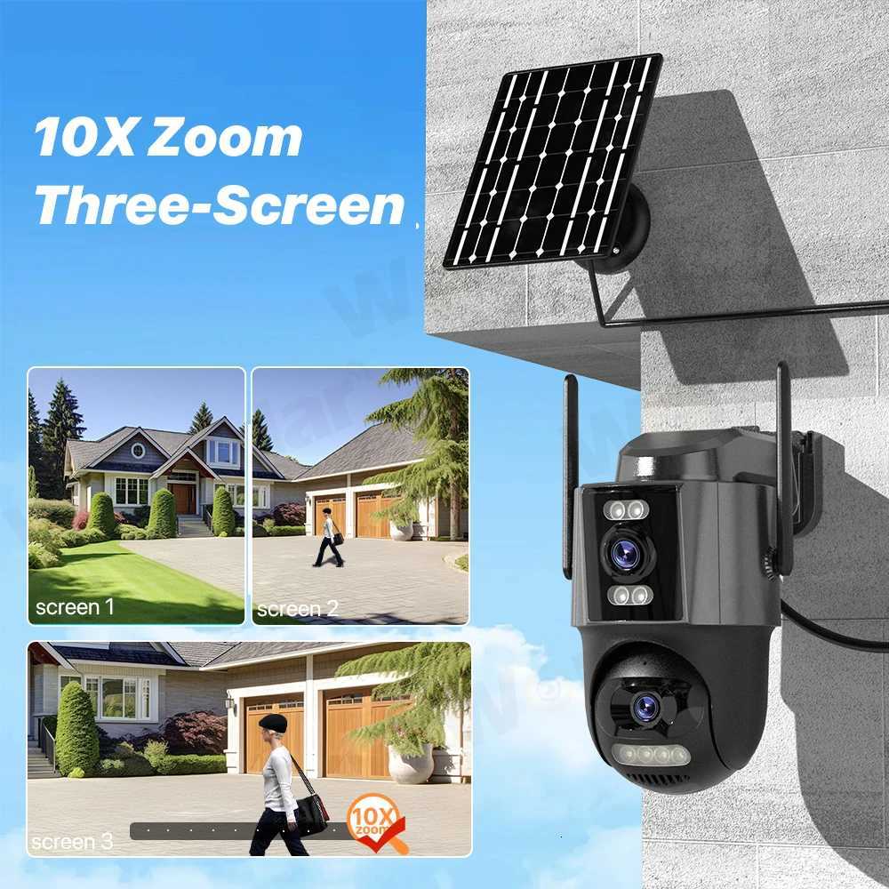 4G Sim Solar Camera 24 Hours Record Three lens 10X Zo Camera Outdoor IP66 Waterproof 9W Solar Panel Builtin Battery iCSee Y250925