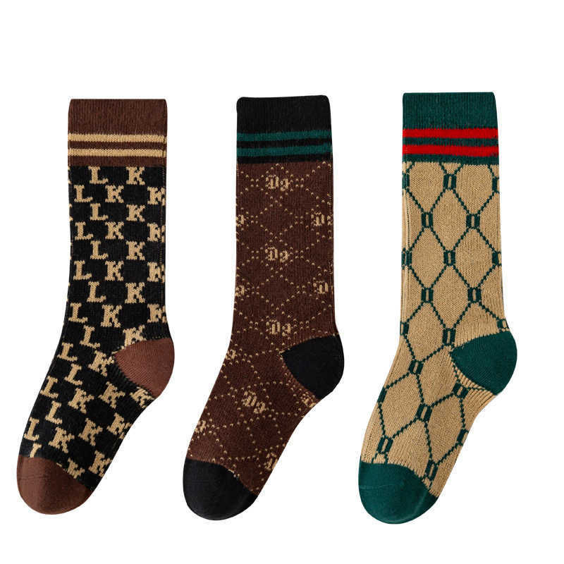 Autumn Winter New Childrens Socks Ins Trend Long Tube Plaid Letter Double Needle Double Road Boys and Girls Baby Socks C250926