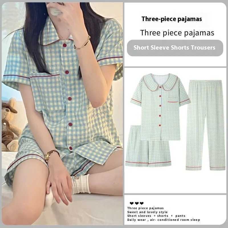 ThreePiece Set Ladies Pajamas Set ShortSleeved Plaid Senior Sense Cardigan Home Wear Simple Christmas Girl Sleepwear Winter Z250925