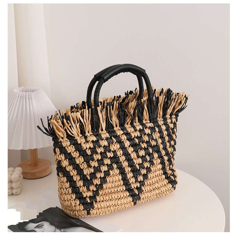 Retro Straw Loose Edge Hand Held Colorblock Woven Seaside Holiday Beach Women's Bag