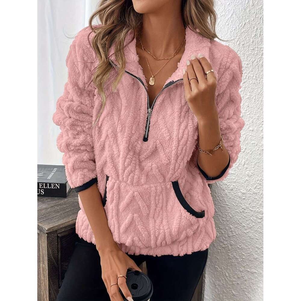 Cross-Border Autumn Winter New European American Lapel Small Fragrance Style Lamb Wool Short Sweatshirt S8070