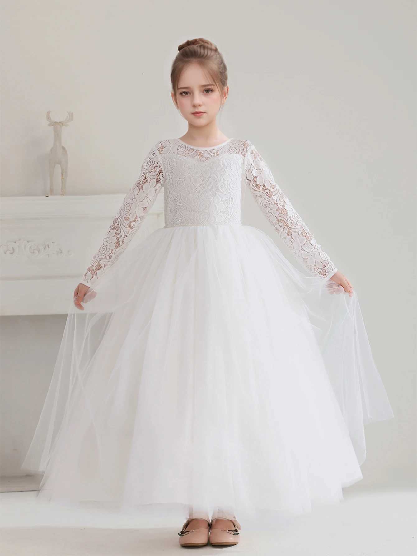 Girls Teenage Long Sleeve Lace Dress Wedding White Bridesmaid Evening Gown Long Dress Z250926