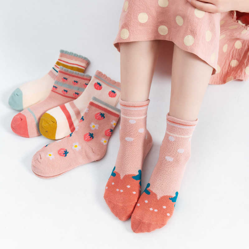 Girls Socks 112 Years Old Spring Summer MidCalf Mesh Thin Cotton Socks Boys Spring Cartoon Cute Strawberry Childrens Socks Girls C250926