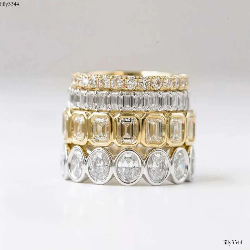 Luster Unique Wedding Eternity Band Sier 14k Gold Bezel Set 3x5mm Emerald Cut Moissanite Oval Ring for Women aaa