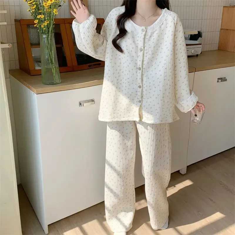 Floral Sleepwear Women Pajama Sets Winter Piiama Fleece Pants Sets 2 Pieces Korean Cute Lace Night Wears Warm Sleeping Home Suit Z250925