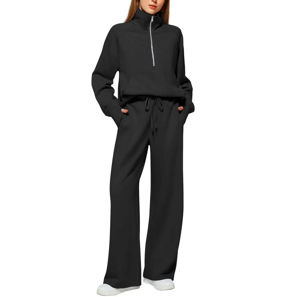 2025 European and American Style Women's Two-Piece Oversized Half-Zip Sweatshirt Wide-Leg Sweatpants Casual Set