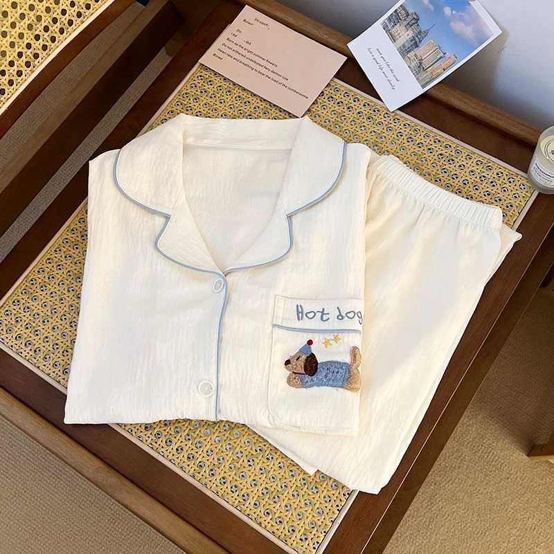 Embroidery Letter Fashion Womens Pajamas Harajuku Style Cute Sweet Dog 2 Piece Pajamas Cartoon Kawaii Spring New Home Wear Z250925