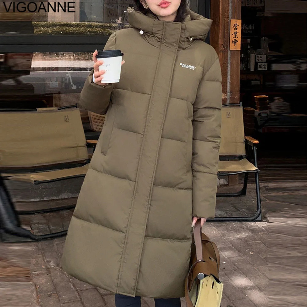 VigoAnne 2025 Winter Zipper Hooded Down Long Coat Korean Women Long Sleeve Pocket Solid Loose Jacket Lady Thick Warm Outwear 250917