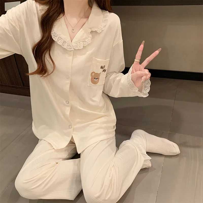 Women Spring Pajamas Set Korean Loose Sleepwear Long Sleeve Lace Lapel Sweet Cartoon Bear Homewear Female Casual Loungewear Z250925