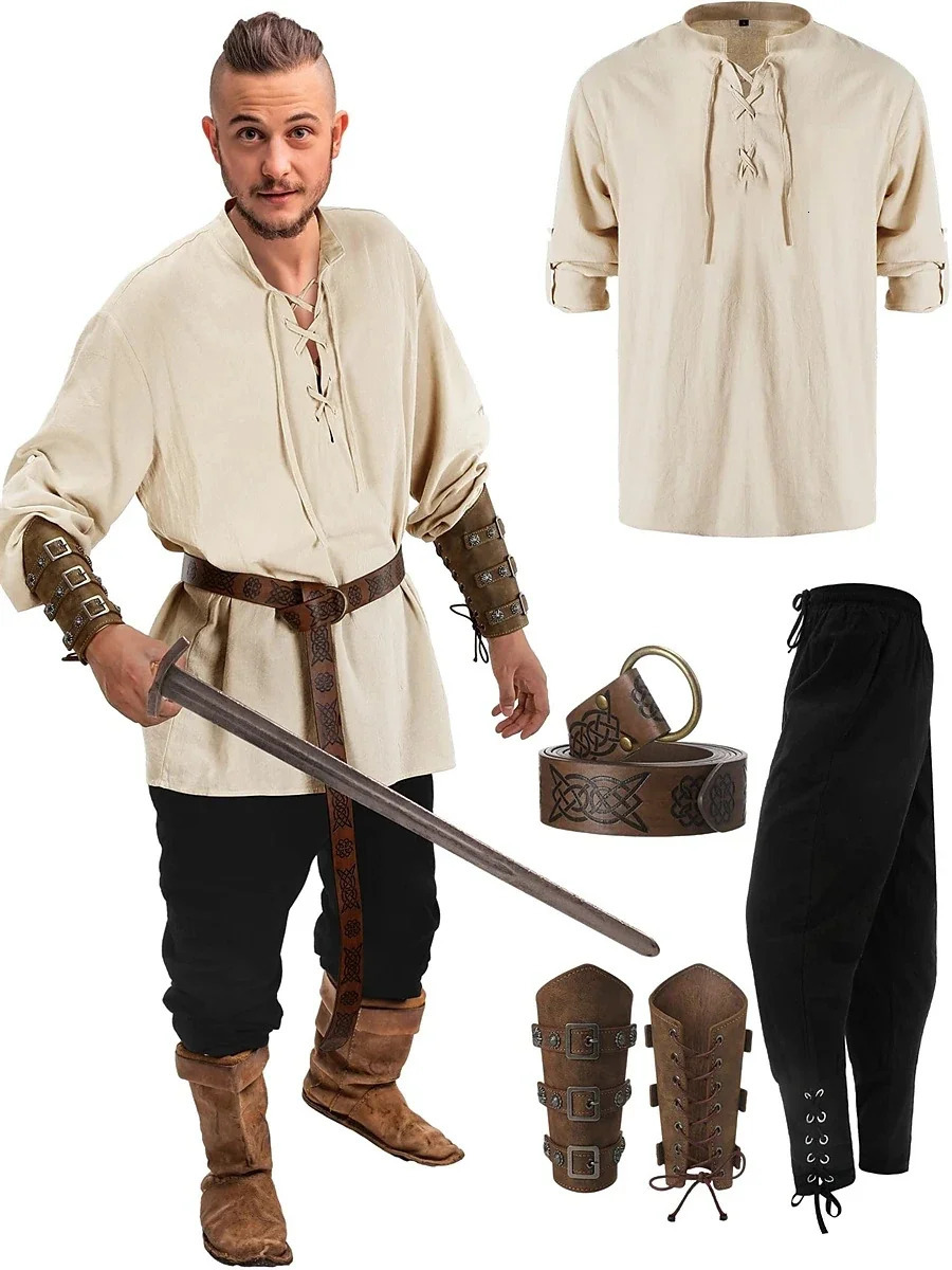 Retro Vintage Medieval Renaissance Pants Outfits Waist Belt Shirt Arm Guards Pirate Mens Cosplay Costume Halloween250920