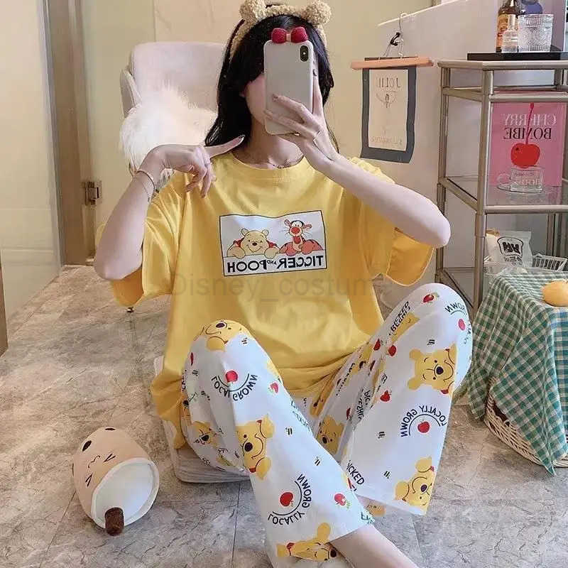 Disney Summer Pooh Bear Sleepwear Womens Loose Comfortable Cartoon Print Home Clothes Set Short Sleeve Nightshirt Mickey Pajama Set H250926