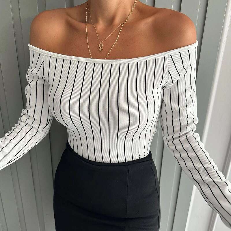 2025 Autumn Hot-Selling New Style Spicy Girl Striped Off-Shoulder Long Sleeve Casual Base Shirt Women's T-Shirt