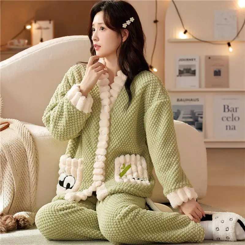 Women Cardigan Thicken Warm Coral Velvet Pajamas Set Color Block Flowers Sleepwear Flannel School Pajamas Womens Sweet Homewear Z250925