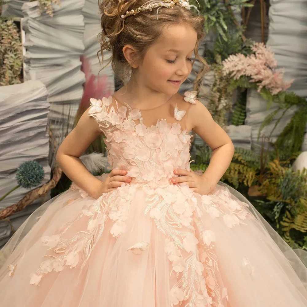 Light Pink Tulle Flower Girl Dresses Half Sleeve with Bow Princess Gowns for Wedding Birthday Party Banquet Kids Formal Dres Z250926
