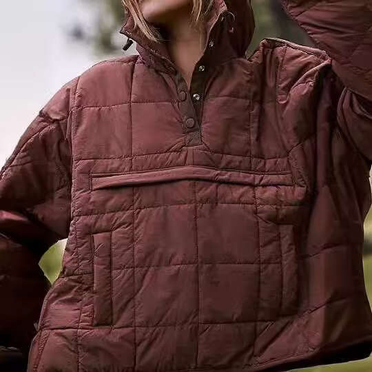 2025 Cross-Border Autumn Winter Solid Color Hooded Cotton Jacket Foldable Filled Pullover Pocket Long Sleeve Coat for Women