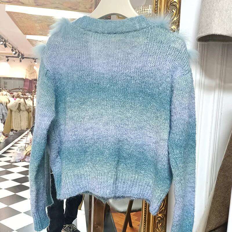 2025 Women Autumn Short Trim Knitted Cardigans Button Real Fox Striped Coat Outwear Female Sweater With Fur