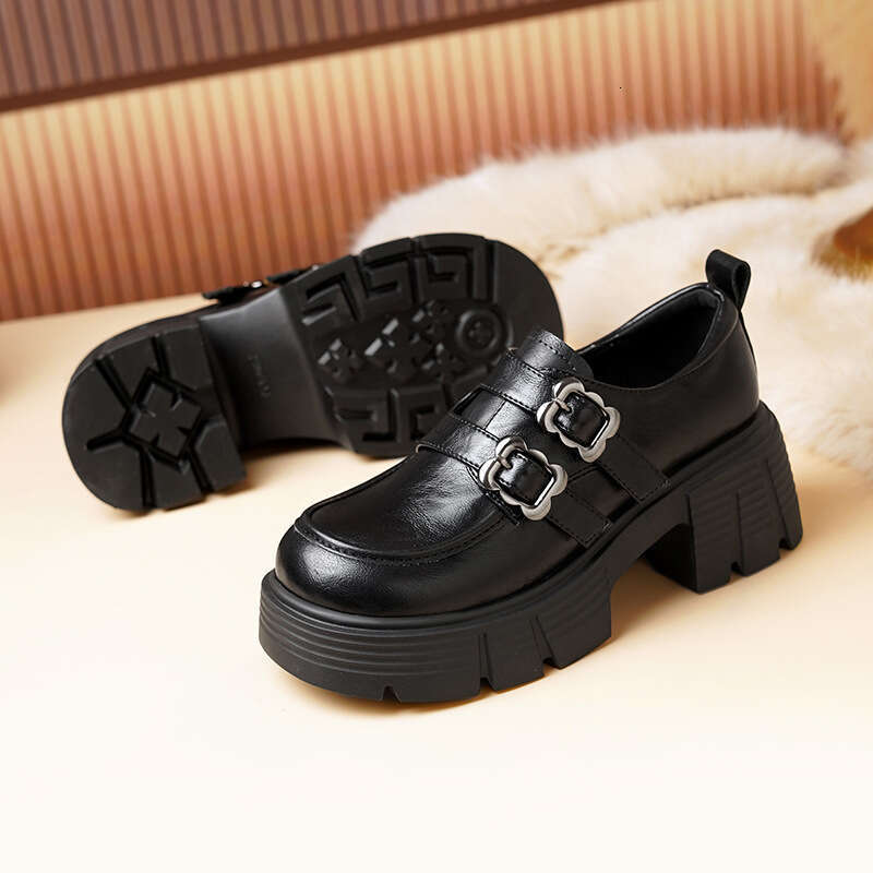 British Style Women's Loafers Designer Shoe with Belt Buckle Velcro, Thick Sole Chunky Heel New for Autumn and Winter 2025