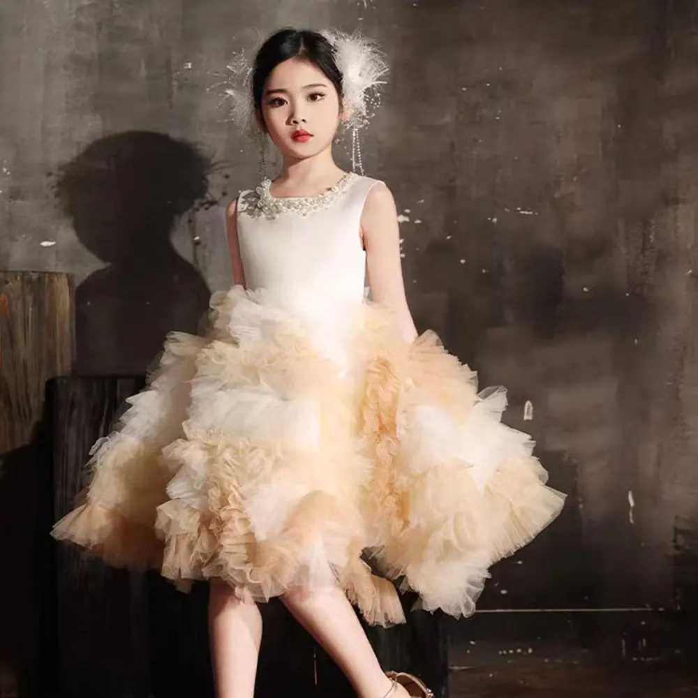 Jill J259 Luxury Champagne Arabic Girl Dress Pearls Dubai Kids Princess Birthday Wedding Party Children Holiday Gown 2025 Z250926