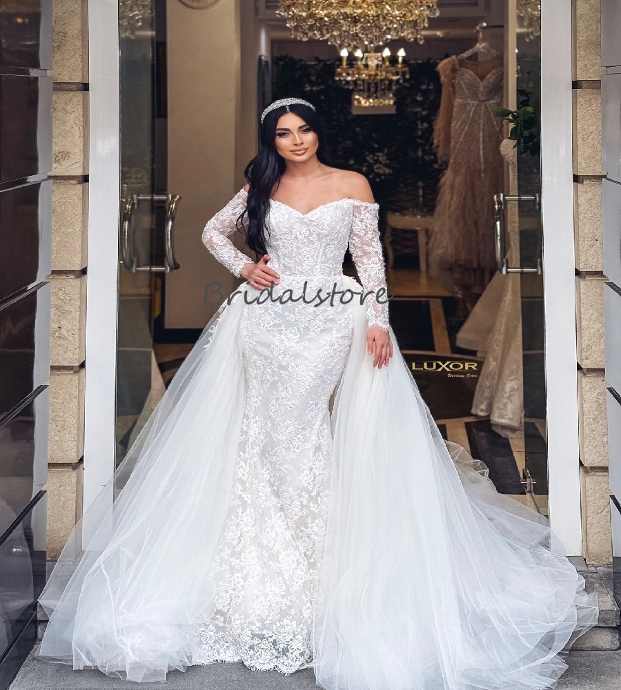 Elegant Mermaid Overkskirt Wedding Dress 2025 Off Shoulders Lace Long Sleeve Country Church Bridal Dress Tulle Garden Bride Dress Vestio De hochzeitsk