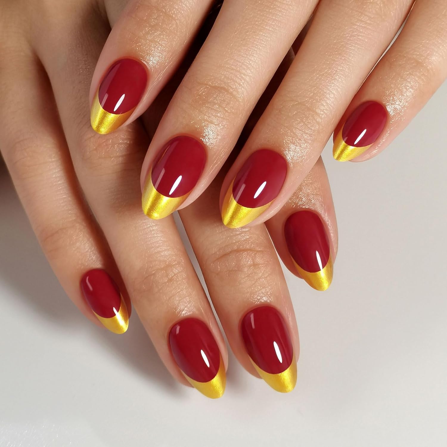 Gold French Tip Press on Nails Short in Red Finish - Soft Gel Fall Almond Nails for , Perfectly Fit Glue on Nails in 16 Sizes - 32 Reusable Fake Nails