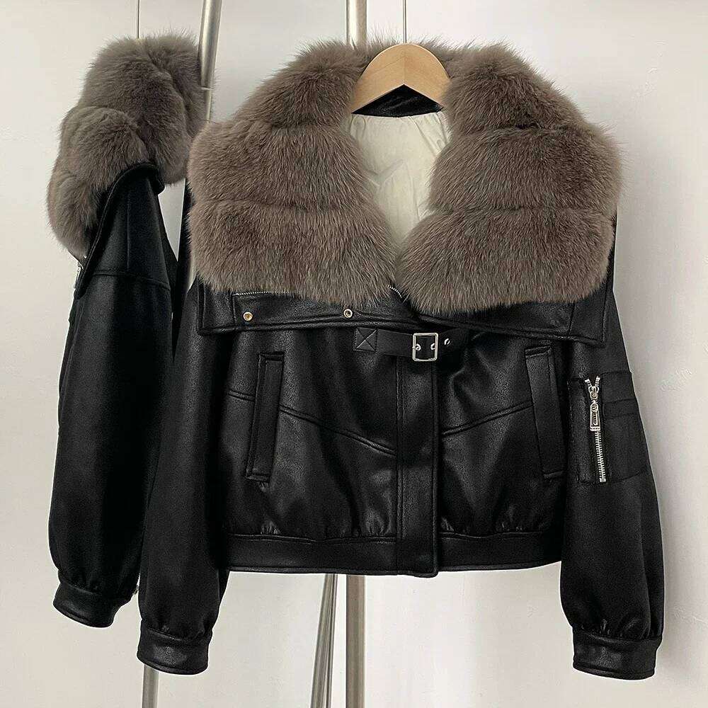 Winter Natural Fox Fur Collar Short Women Clothing Fluffy Puffer Suede Female Jacket Thick Duck Down Coat