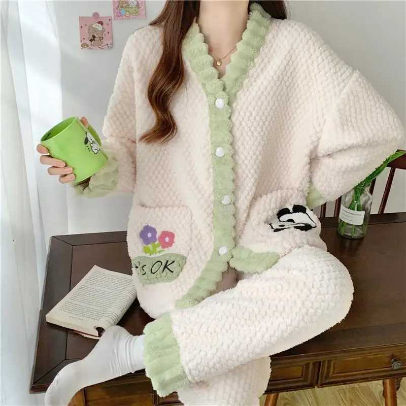 Women Cardigan Thicken Warm Coral Velvet Pajamas Set Color Block Flowers Sleepwear Flannel School Pajamas Womens Sweet Homewear Z250925
