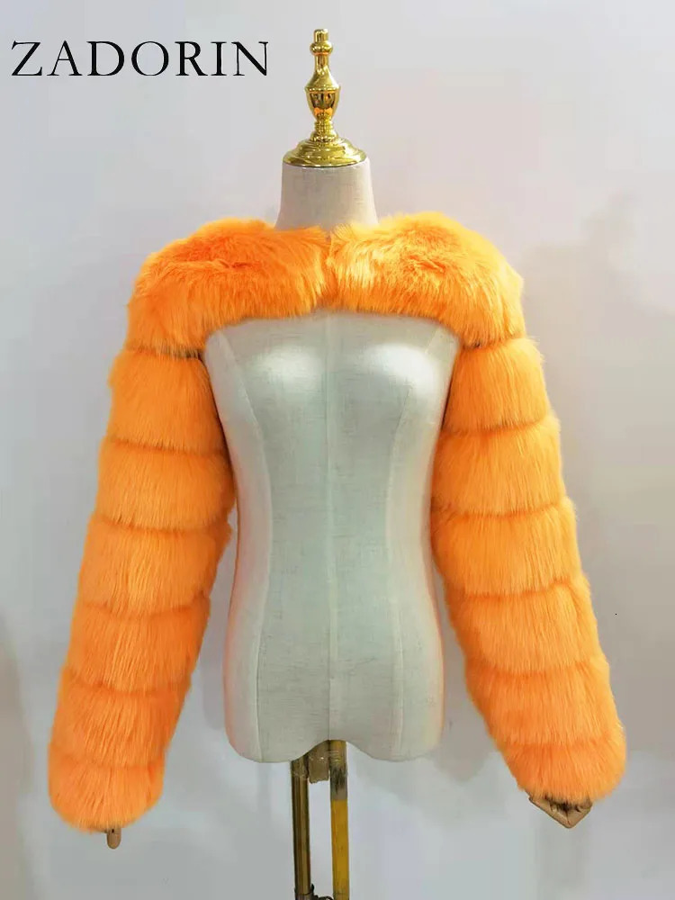 ZADORIN Autumn Winter Cropped Faux Fox Fur Coat Women Raccoon Long Sleeve Warm Fur Jackets Female Outerwear Pink Red 250922