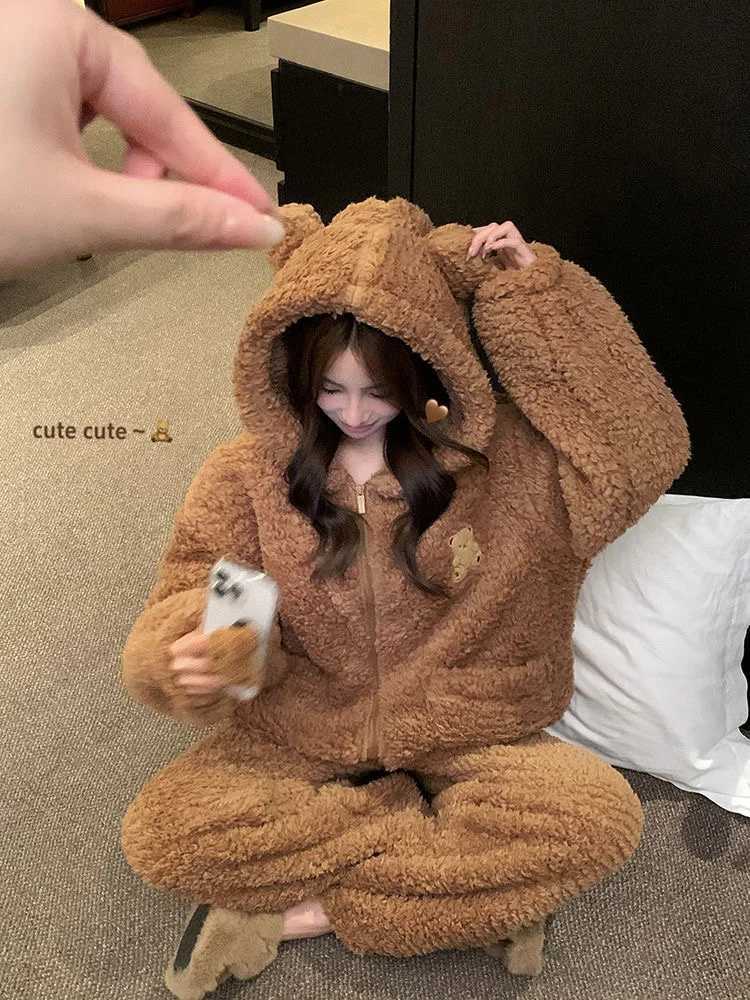 Brown Furry Pajama Sets Fluffy Teddy Bear Hooded Zipper Sleepwear Women Plush Warm Thick Christmas Homewear Y2K Kawaii Nightwear Z250925