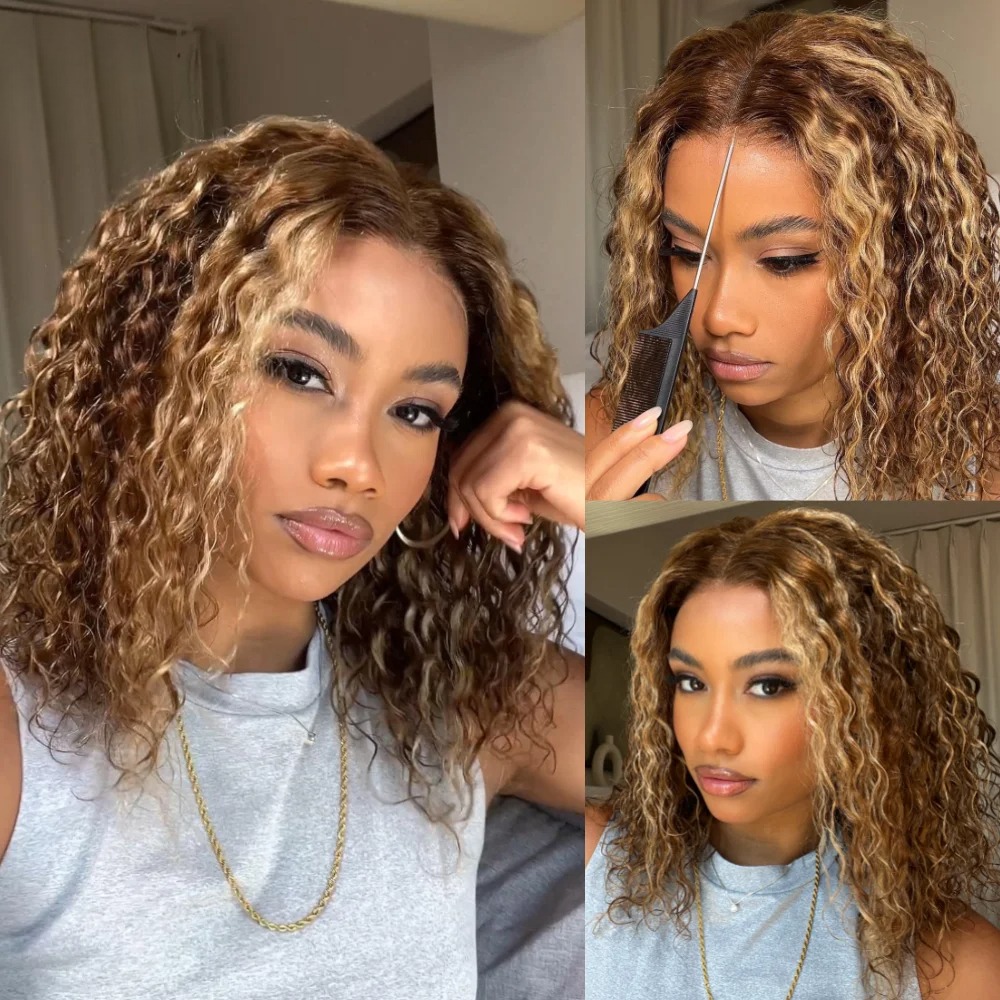 Glueless Water Wave Short Bob Human Hair Wig Honey Blonde Highlight Curly Wigs Pre Plucked 13x6 HD Lace Frontal Wig Wear And Go Brazilian For Wemon