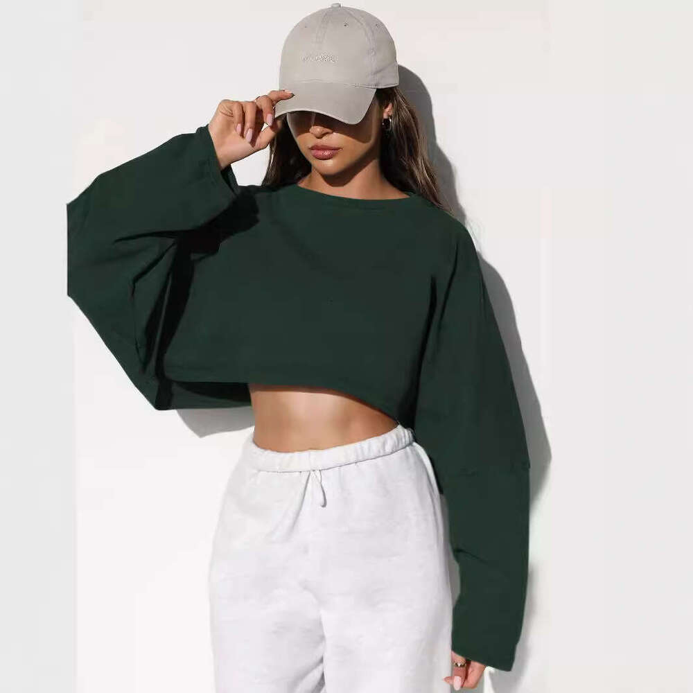 2025 Cross-Border Crop Round Neck Sweatshirt European and American Women's Fashion Short Sports Base Shirt Knitted Long Sleeve Top