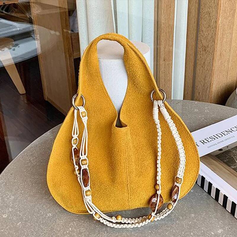 Brand Frosted Leather Handbag, Creative Beaded Strap Crossbody High-end Women's Shoulder Bag, Retro Wrist Bag Purse high-quality