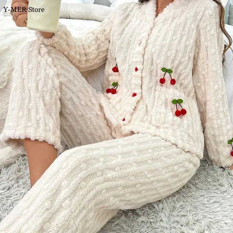 Women Cute Cherry Pattern Pajamas Autumn and Winter New Warm Fleece Lined Sleepwear Loungewear Cardigan Suit Pajamas Z250925