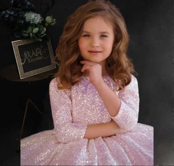 2025 New Pink Glittery Party Dress for Little Girls Puffy Tulle Girl Clothes for Eid Clothes Dresses Special Occasions Flower Z250926