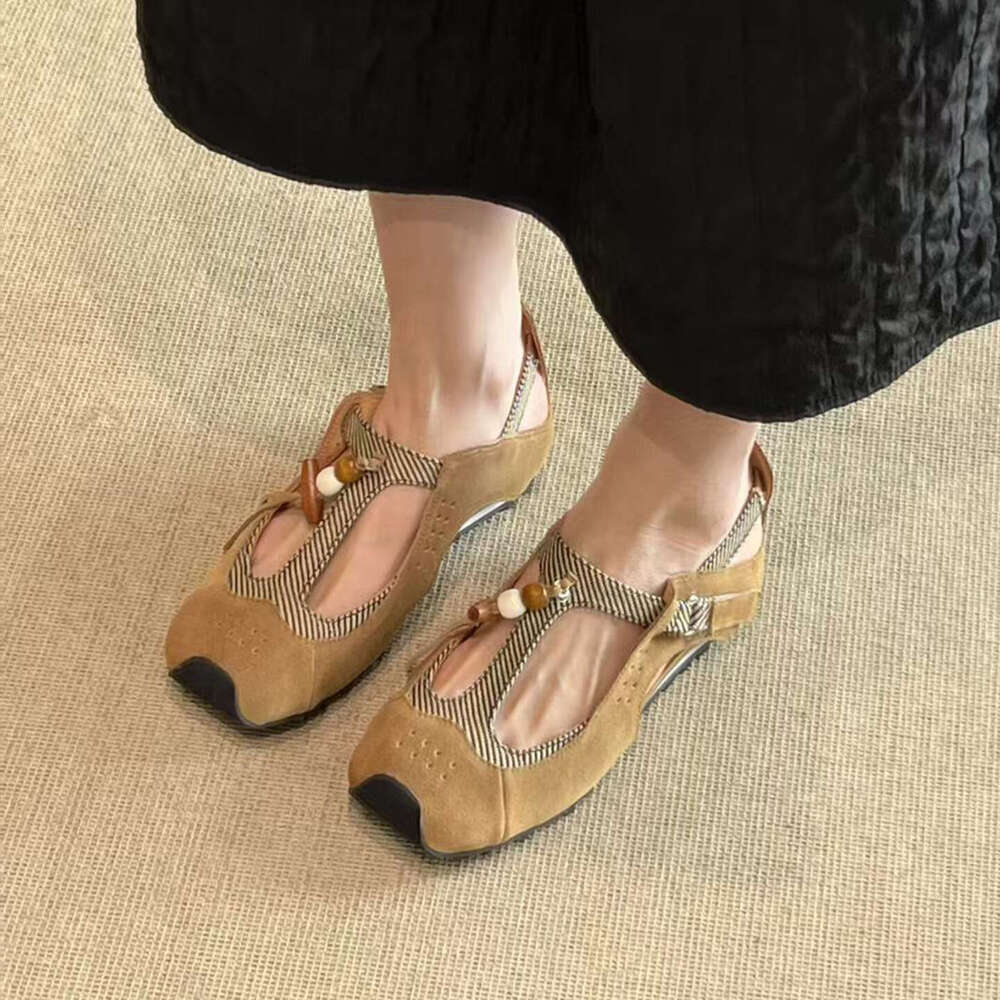 Sheepskin Version che French Style T-Strap Hidden Wedge Closed-Toe Sandals with Tassels Flat Designer Shoe Single Shoes for Women